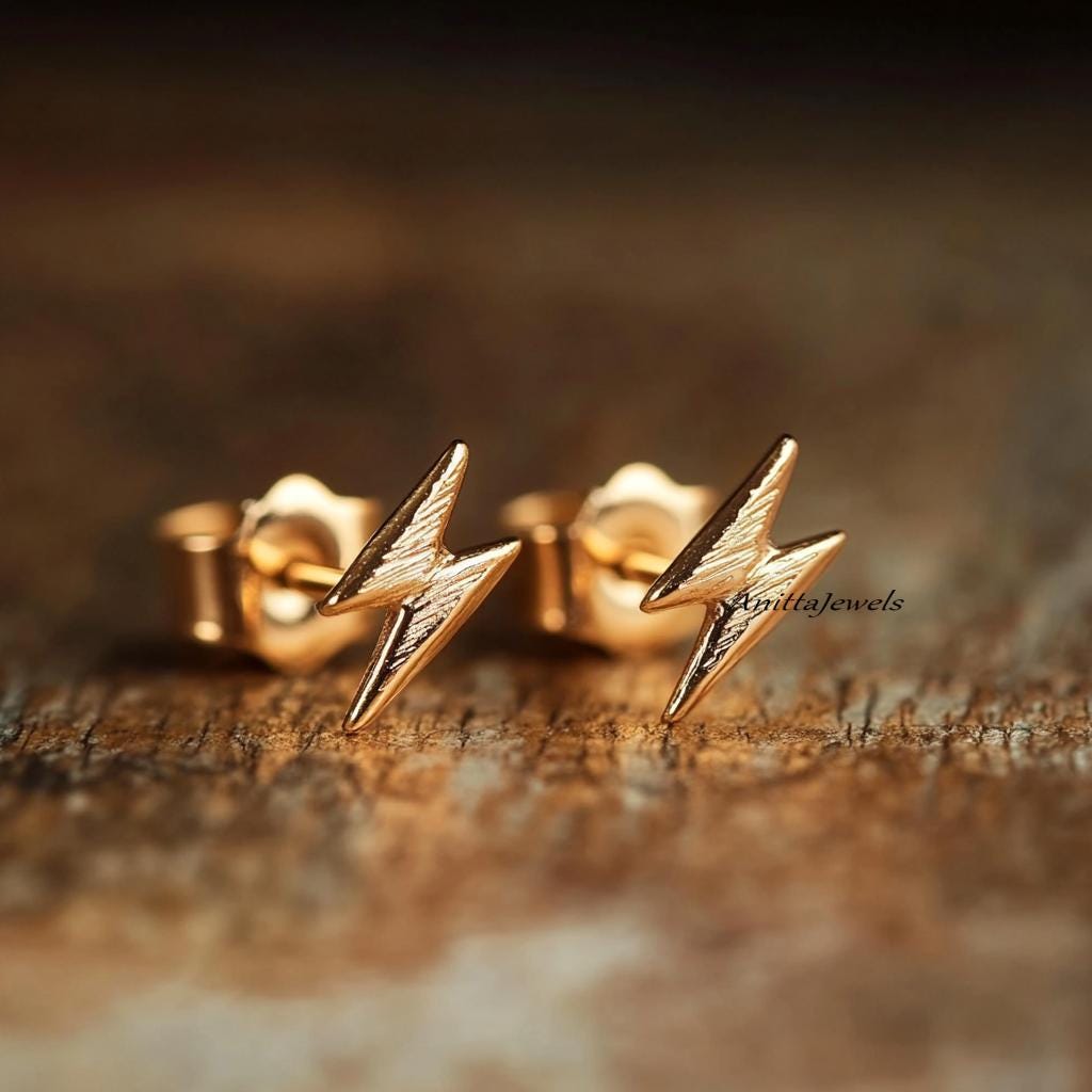 Sterling Silver Gold Lightning Bolt Stud Earrings - 10MM