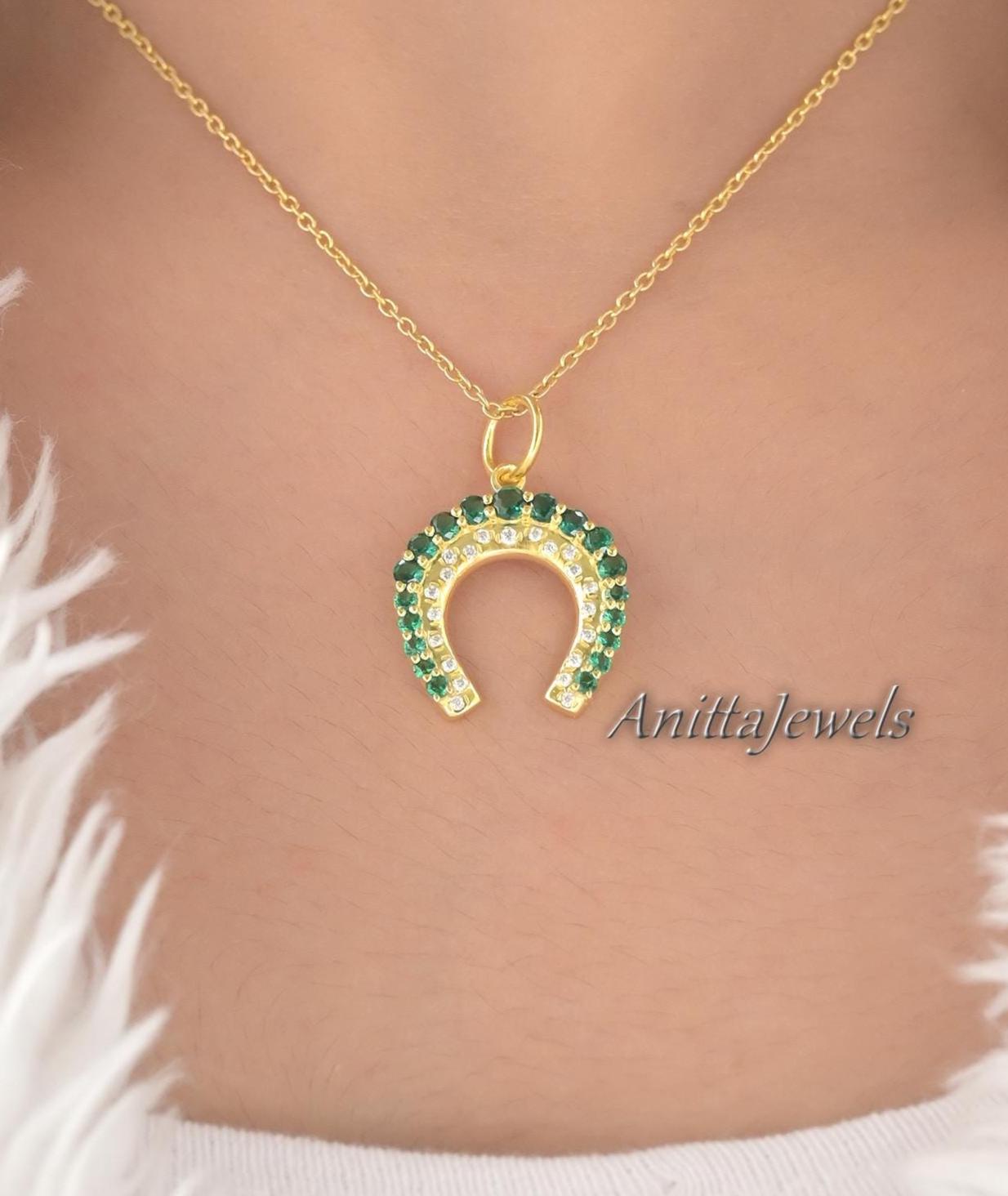 14K Gold Plated Horseshoe Pendant: Sapphire & Moissanite Sterling Silver Charm - View 6 - Anitta Jewels | SKU: etsy_142043170