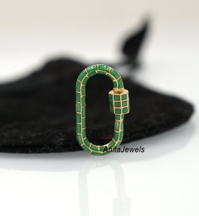 14K Gold Emaille Karabiner Verschluss : Handgefertigter Designer Schmuck (30*16 MM) Green