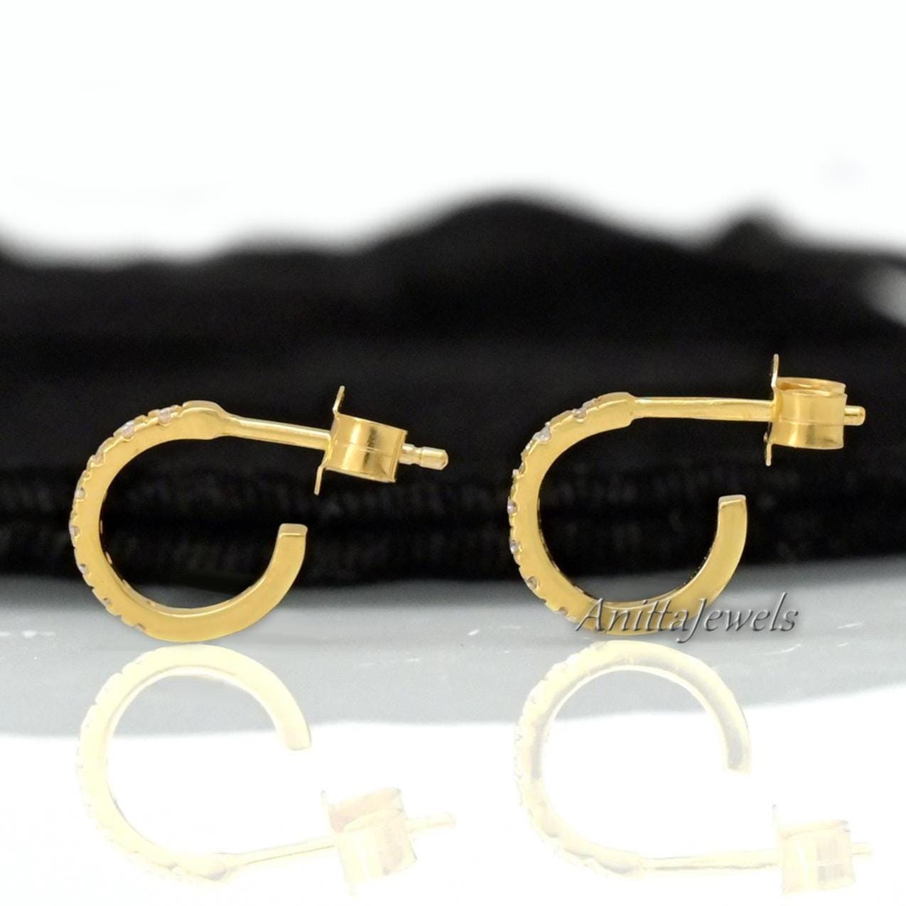 14K Gold Diamond Half Hoop Earrings: Huggie Style - View 3 - Anitta Jewels | SKU: etsy_1118700860