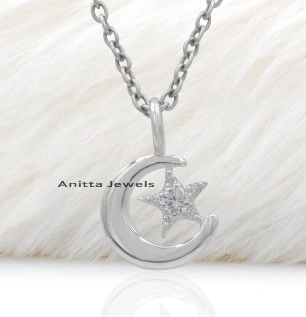 Sterling Silver Moon Star Necklace: Diamond Pendant, Handmade