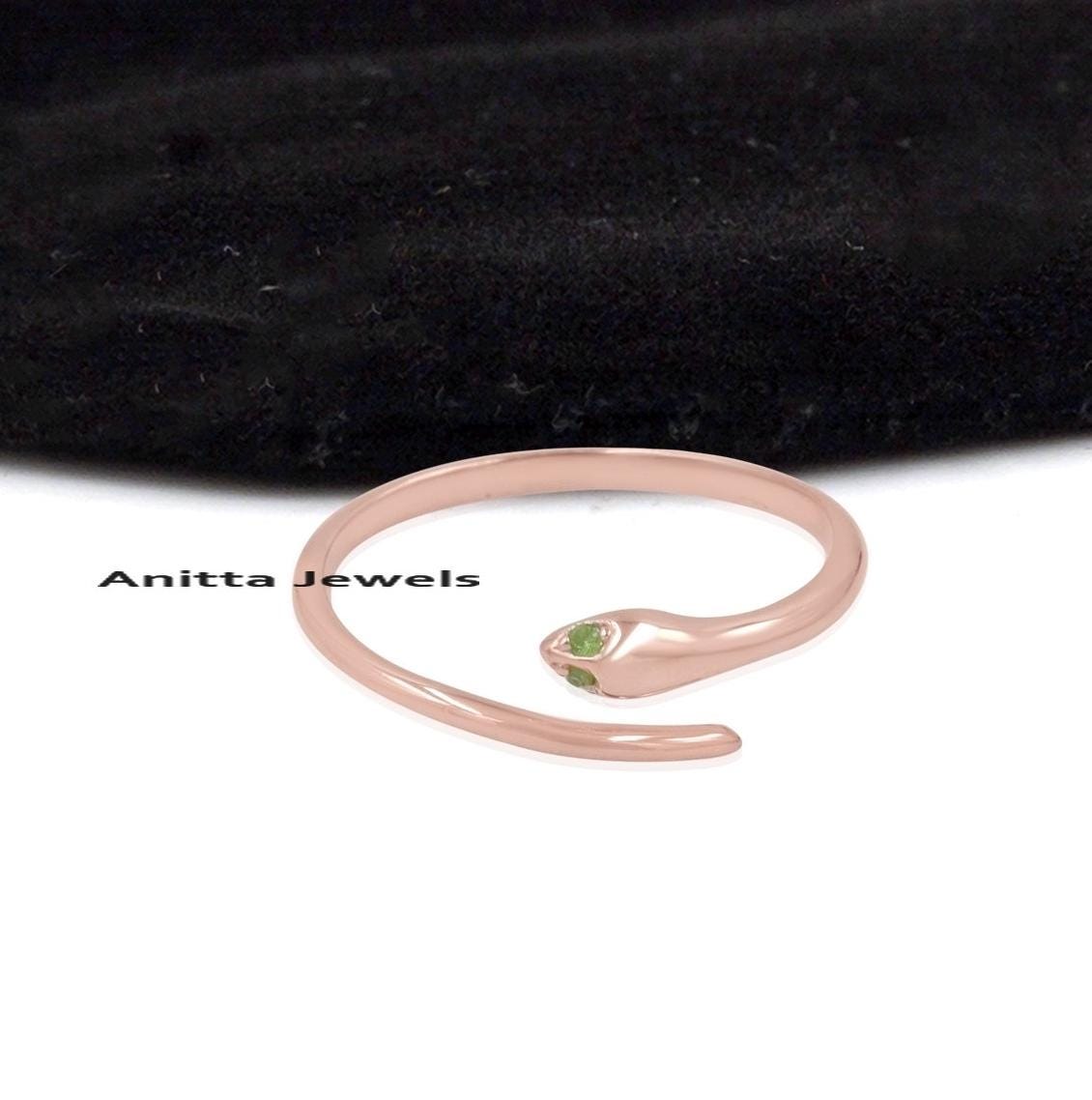 925 Silver Diamond Snake Ring, Emerald Eyes, Adjustable Band, Dainty Serpent Open Ring - View 2 - Anitta Jewels | SKU: etsy_1