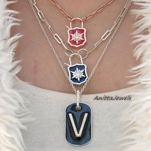 925 Silver Diamond Dog Tag Pendant, Dog Tag Enamel Pendant, Name Enamel Tag Pendant, Enamel Letter Monogram Pendant, enamel monogram pendant
