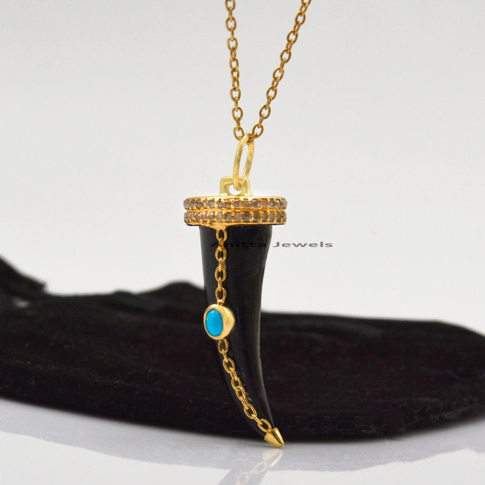 Diamond & Gemstone Horn Pendant: 925 Silver Tusk - View 2 - Anitta Jewels | SKU: etsy_1185223323