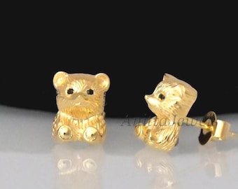 14K Gold Teddy Bear Stud Earrings: Black Spinel Eyes