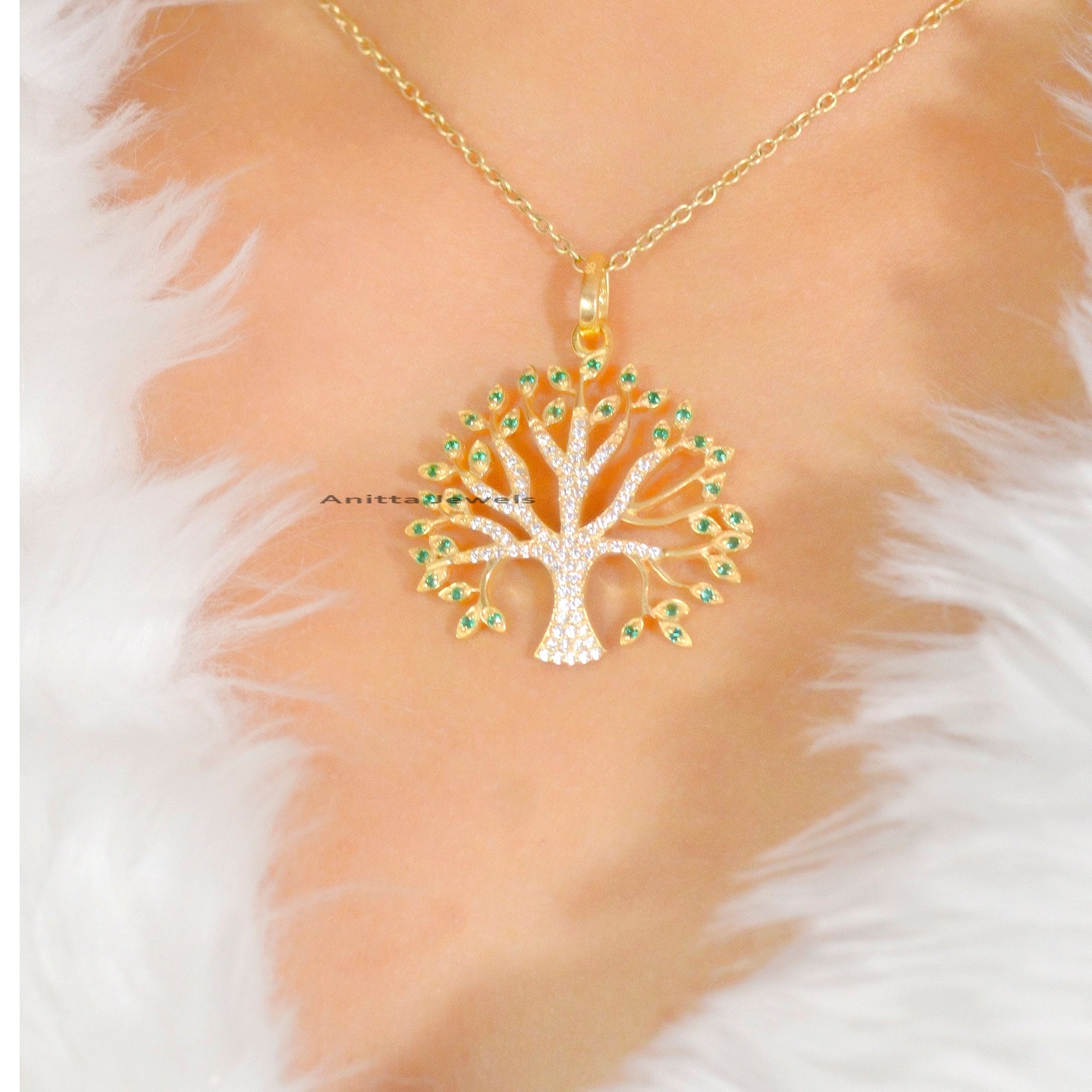 Diamond Tree Pendant: Pave Gemstone, 925 Silver (39*31 MM) - View 2 - Anitta Jewels | SKU: etsy_930769180