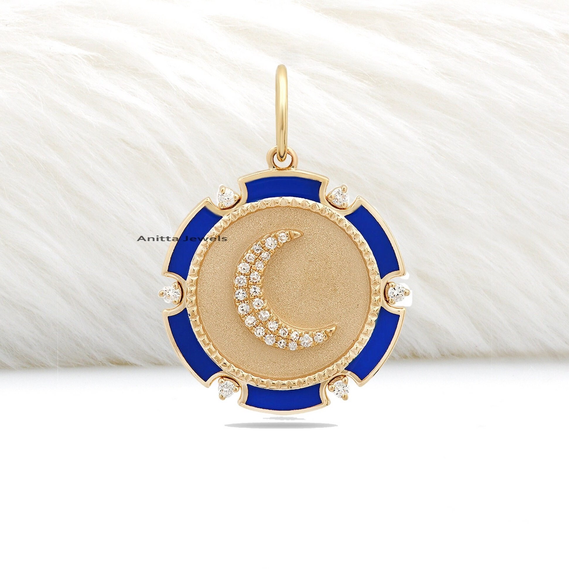 925 Silver Enamel Crescent Moon Diamond Pendant: Handmade Charm - View 5 - Anitta Jewels | SKU: etsy_1184595951