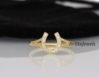 14K Gold Plated Horseshoe Ring: 925 Silver Diamond Ring