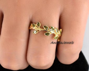 14K Gold Peridot Leaf Ring: Natural Green Marquise Gemstone