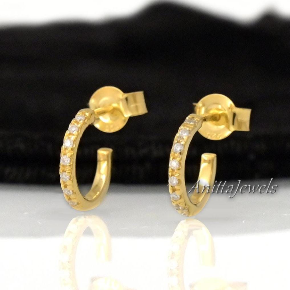 14K Gold Diamond Half Hoop Earrings: Huggie Style - Anitta Jewels | SKU: etsy_1118700860