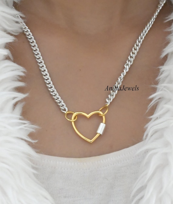 Heart Carabiner 925 Silver Heart Carabiner Lock Two Tone Heart Carabiner Solid Carabiner Carabiner Curb Necklace Heart Lock Pendant Etsy