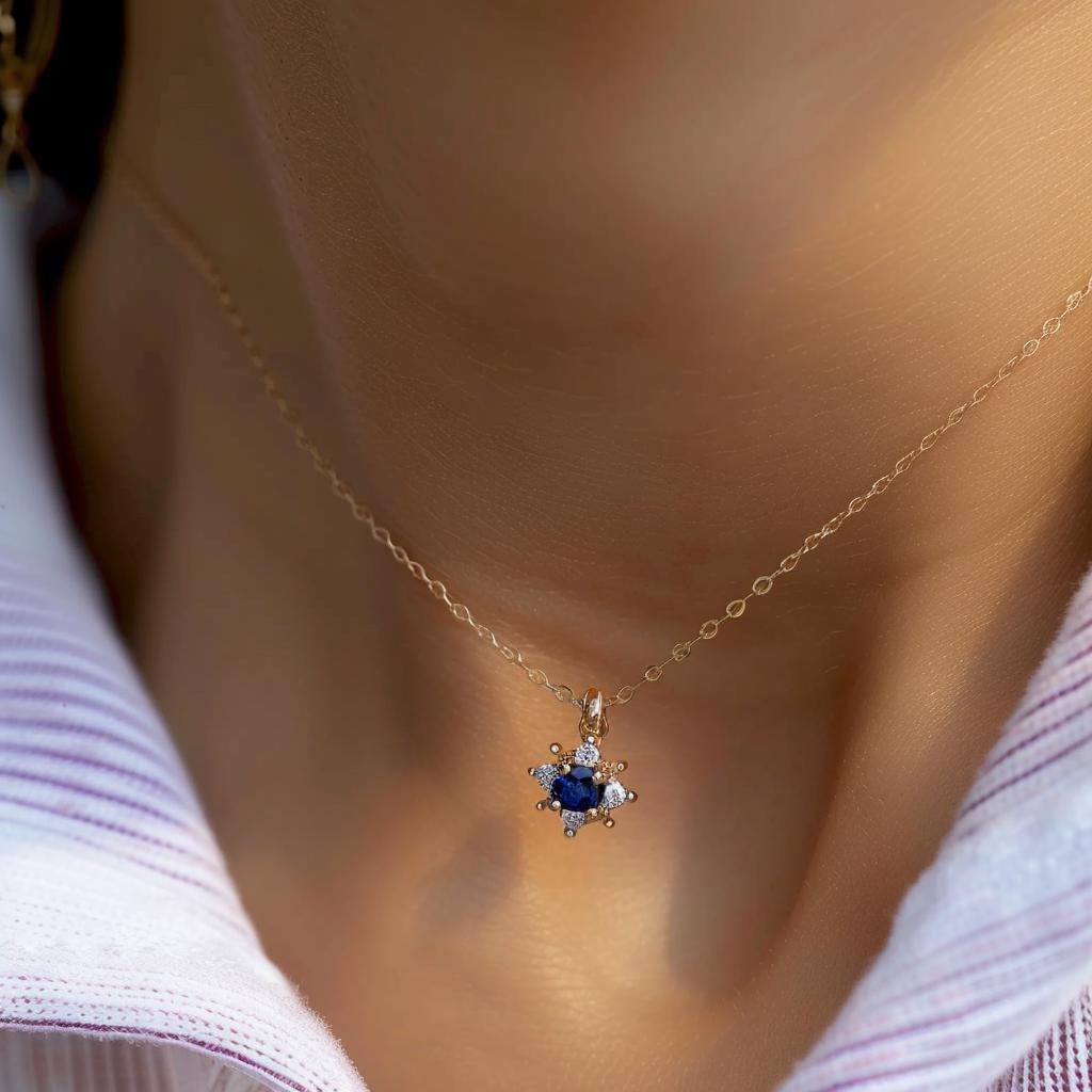 Sterling Silver Blue CZ Floral Pendant - Handmade Flower Necklace - View 2 - Anitta Jewels | SKU: etsy_1741492163