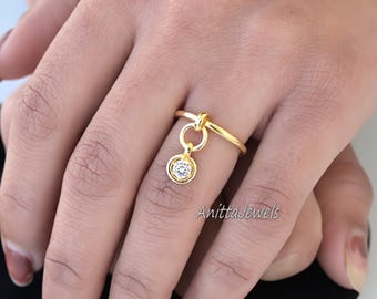Dangling Cubic Zircon Ring: Sterling Silver Charm Band