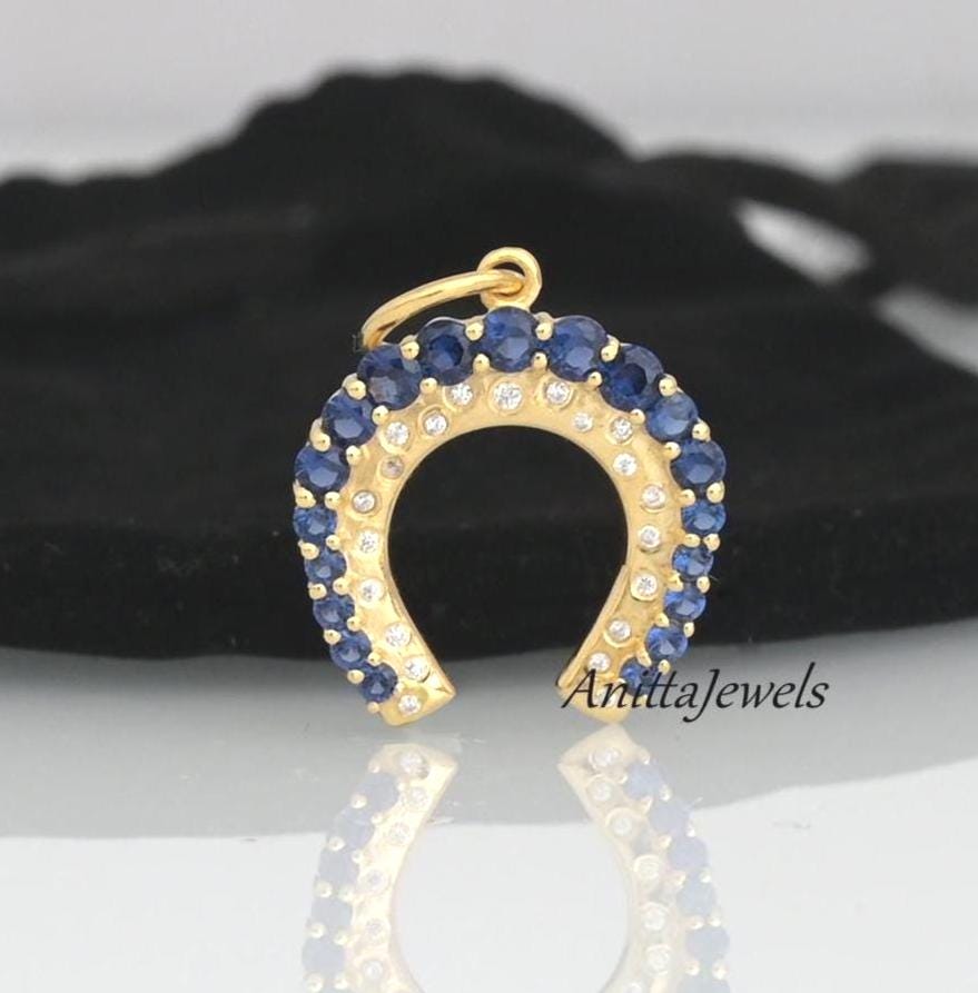 14K Gold Plated Horseshoe Pendant: Sapphire & Moissanite Sterling Silver Charm - View 2 - Anitta Jewels | SKU: etsy_142043170