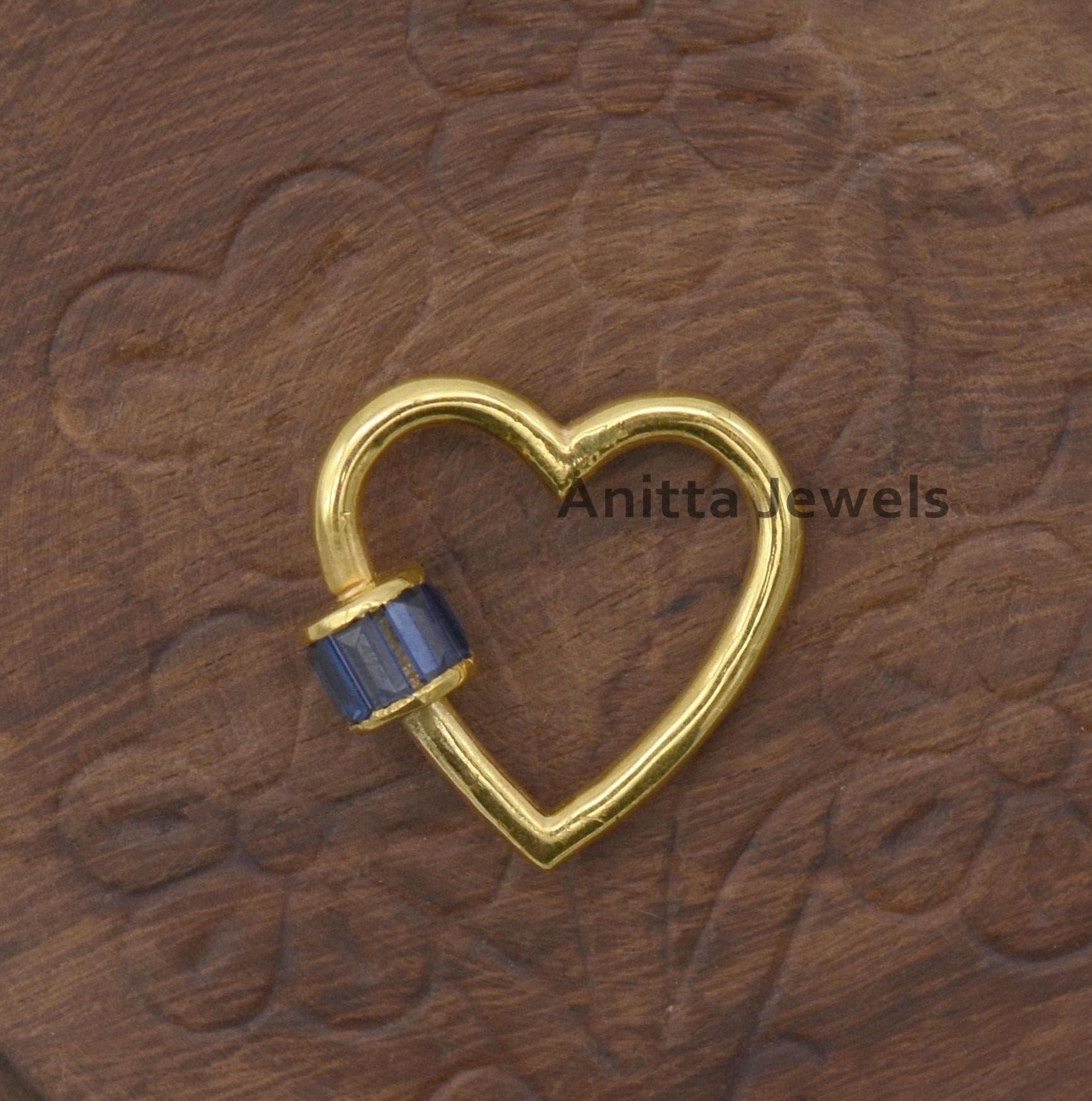 14K Gold Heart Carabiner Lock with Blue Sapphire Baguettes - View 2 - Anitta Jewels | SKU: etsy_766235978