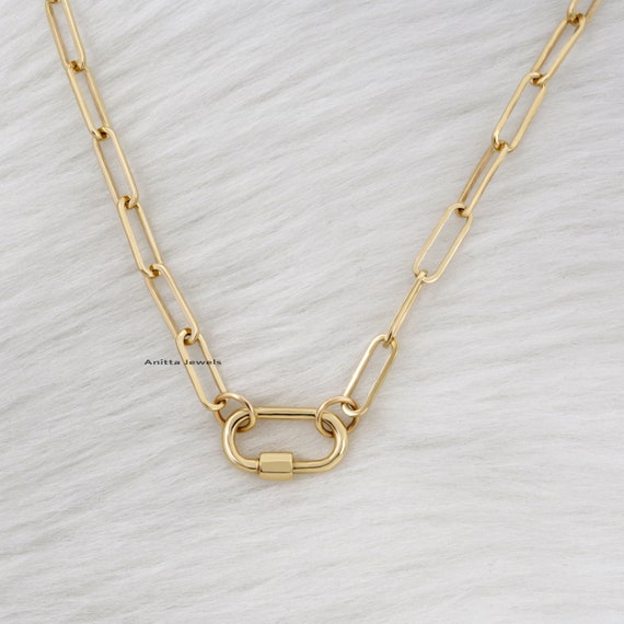 14K Yellow Gold Large Open Link Chain with Diamond Carabiner Necklace, 16