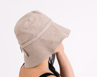 Wide brim linen bucket hat with - Summer hat a ribbon - Heavy linen hat