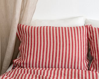 Red striped linen pillowcase with zipper and vertical stripes