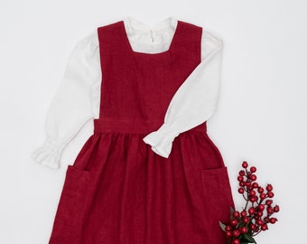 Warm girls button up pinafore dress from heavy washed linen