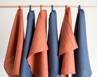 Washed linen towels set in fall orange or blue color