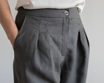 May include: High-waisted charcoal gray trousers featuring a single button closure at the waistband, a front zipper fly, and deep pleats below the waistline. The trousers include side pockets and are paired with a plain white tucked-in top.