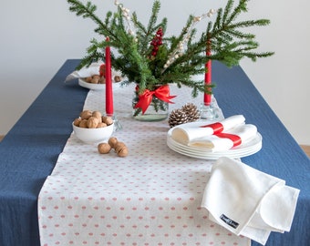 White linen Christmas table runner with red print