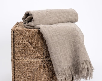 Stone Washed Linen Throw Blanket with Fringe - Natural Linen Bed Quilt