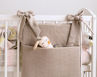 Natural linen nursery crib organizer, diaper bag, toy pocket