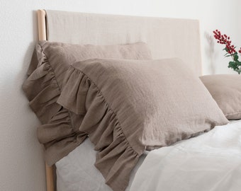Linen pillowcase set with frills on one side. Stonewashed natural or off-white linen pillow sham