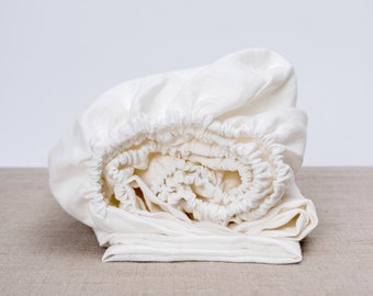 Off-white fitted washed linen bed sheet. Ivory sheet with rubber band