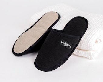 Black Linen Slippers, Lightweight Travel Guest Hotel Slippers