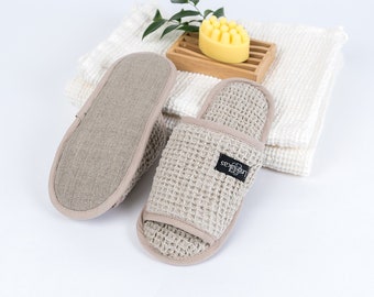Open-toe waffle linen indoor or bath slippers. Lightweight hotel, travel, disposable linen slippers. Updated sizes