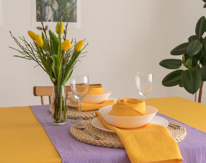 Ensembles de serviettes en lin jaune de 4, 6 et 1. Serviettes de table adoucies. Serviettes de table zéro déchet. Serviettes lavables jaunes.