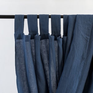 Denim blue tab top washed linen curtain panel. A single 108&quot; wide linen curtain
