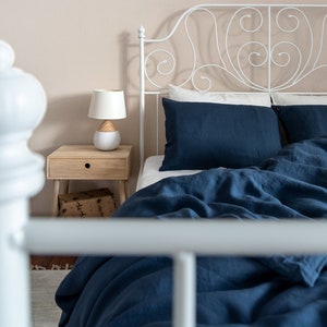 Denim blue linen BEDDING SET from wide fabric. King or queen size duvet cover with pillowcases