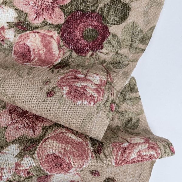 Floral linen fabric. Softened linen fabric by the meter in natural or white color with printed roses. Measured to cut fabric