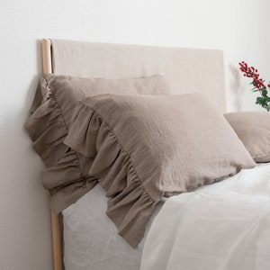 Linen pillowcase set with frills on one side. Stonewashed natural or off-white linen pillow sham