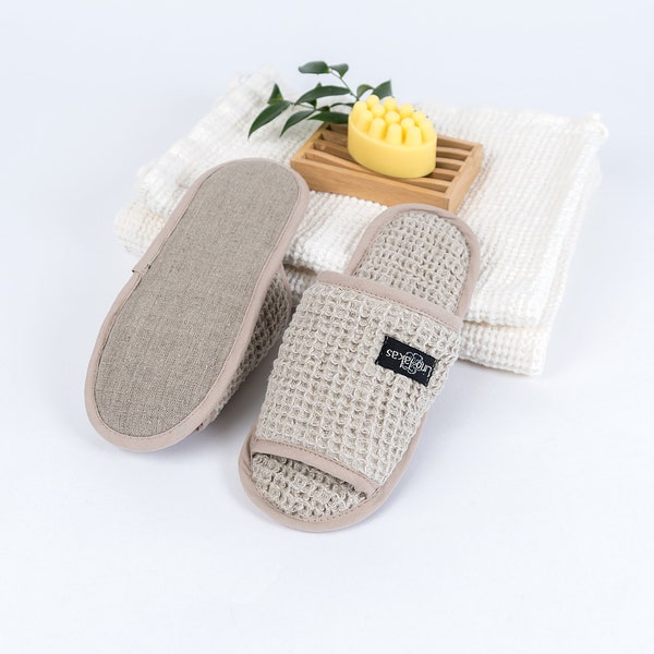 Open-toe waffle linen indoor or bath slippers. Lightweight hotel, travel, disposable linen slippers. Updated sizes