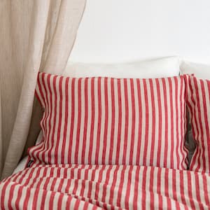 Funda de almohada de lino de rayas rojas con cremallera y rayas verticales