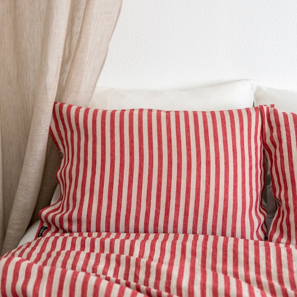Red striped linen pillowcase with zipper and vertical stripes