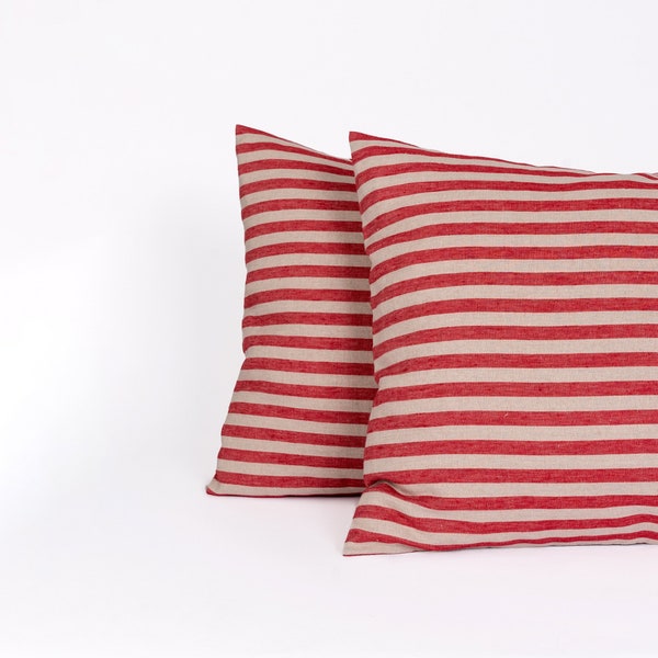 Red striped linen pillowcase with envelope closure and horizontal stripes
