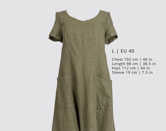 Moss green loose linen tunic dress. Short-sleeve linen dress with pockets. Free expedited delivery