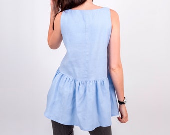 Sleeveless frill summer top. Washed linen vest