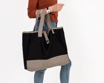 Zwarte linnen shopper met contrasterende details en voering