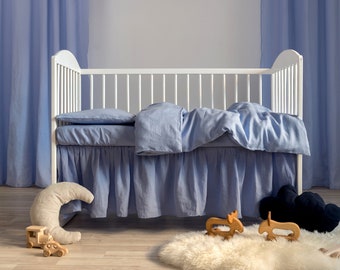 Baby blue linen crib bedding, baby or toddler linen bedding set. Free expedited delivery