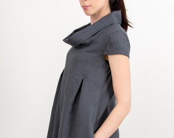 Graphite Grey Linen Maxi Dress – Cowl Neck, Cap Sleeves