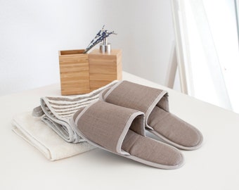 Brown Open toe linen indoor or bath slippers, lightweight travel, hotel slippers. Disposable guest slippers