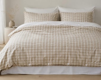 Linen Bed Set Natural White Check pattern. 100% stone washed linen.