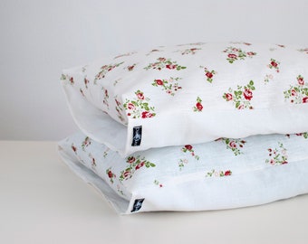 Pure linen contrast pillowcase with rose pattern