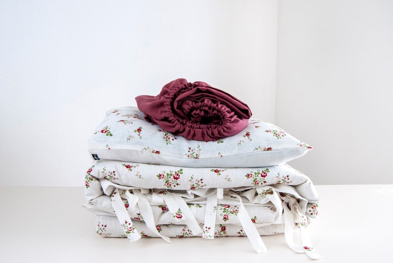 Pure linen contrast pillowcase with rose pattern image 4